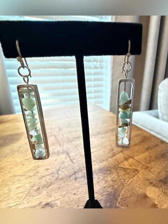 Jewelry - Boho Silver Rectangular Frame Dangle Earrings with Natural Gemstone Chips